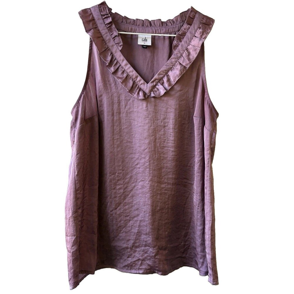 CAbi Women’s Purple Solid Blouse M V-Neck Sleeveless Ruffle Trim Pullover
